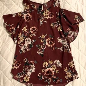 IZ BYER Open Shoulder Maroon/Floral Top Sz Medium